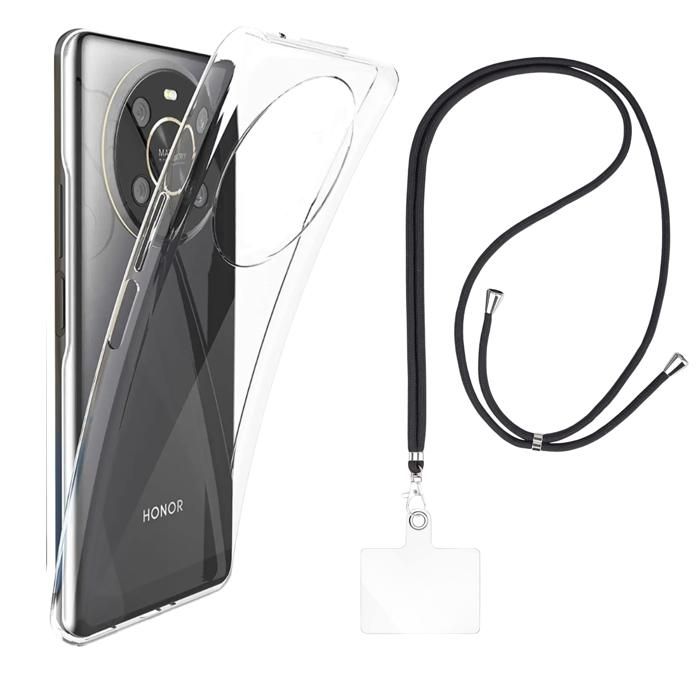 Coque et tour de cou pour Honor MAGIC 4 LITE 4G - TPU Souple Transparent Cordon Noir réglable Phonillico®