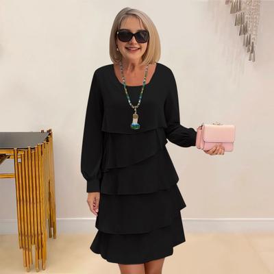 Women Dress Solid Color Multi Layered Cake Dress Round Neck Long Sleeve Mini Dress Vacation Club Wear