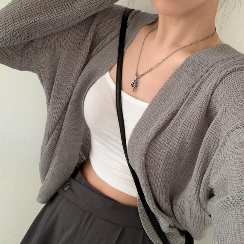 Solid color lazy loose thin sweater, all-match summer sunscreen ice silk knitted cardigan women 67288