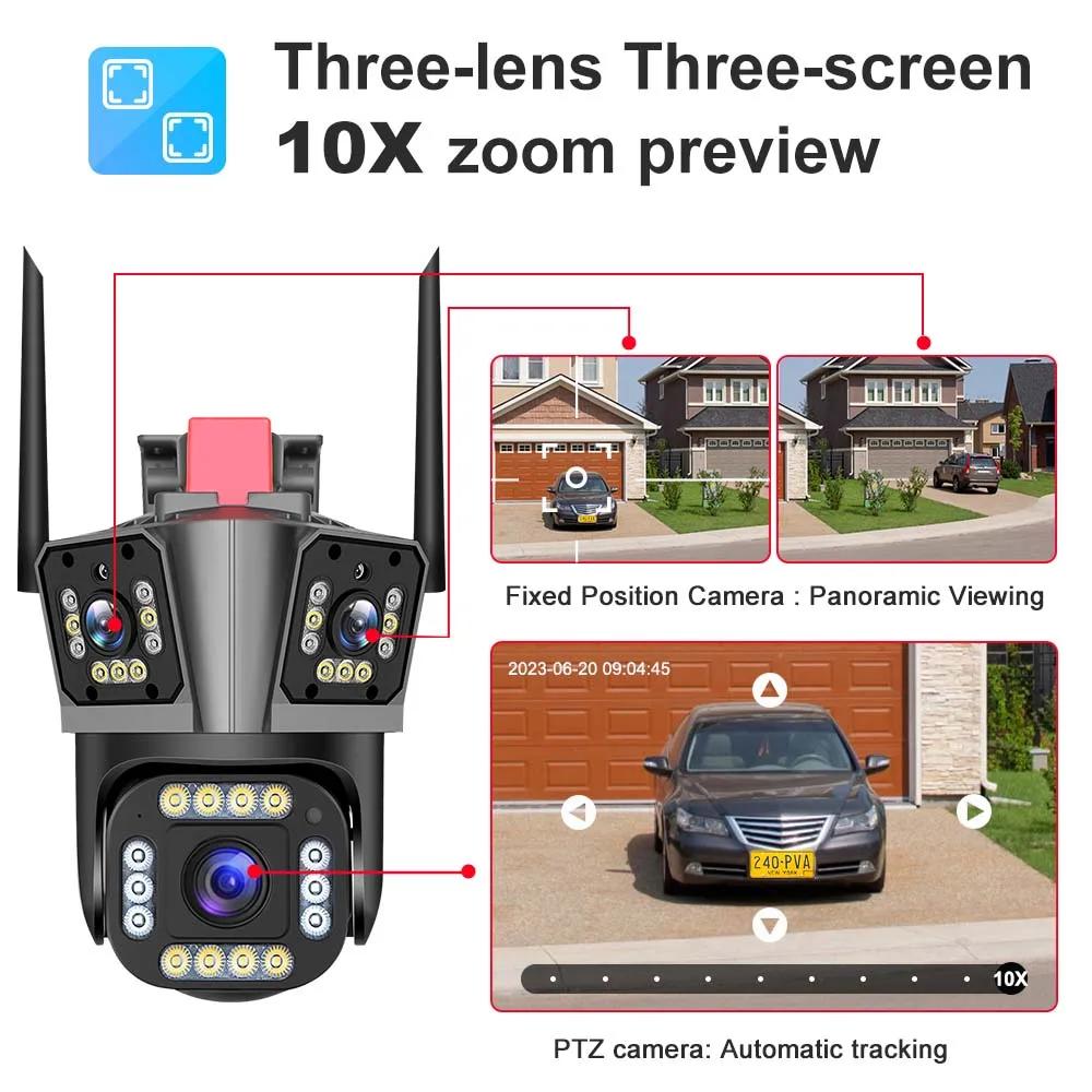 5K 12MP WiFi Camera Wireless Outdoor 10X Zoom Three Lens Security Protection Surveillance Cameras Auto Tracking P2P CCTV PTZ Cam