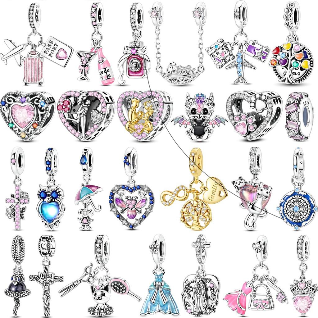 copper Aircraft Travel Charm Bead Charms Bead Inlaid Pink Zirconium Love Heart Pendants Compatible With Authentic Bracelets Jewellery