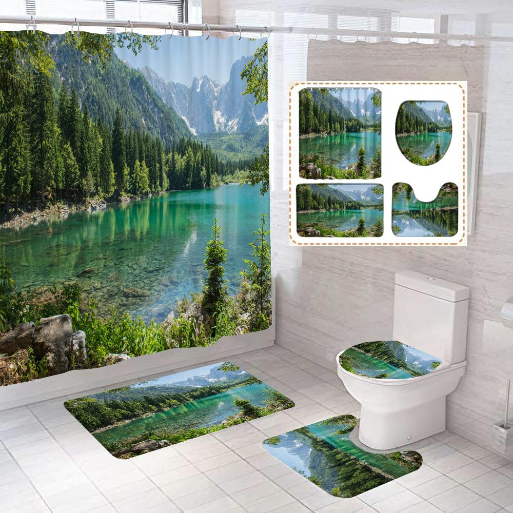 

Forest Landscape Waterproof Shower Curtain Non-Slip Mat Rug Carpet Toilet Seat Cove Polyester Washable Bathing Bathroom Decor W60H190(CM)-1 Pcs