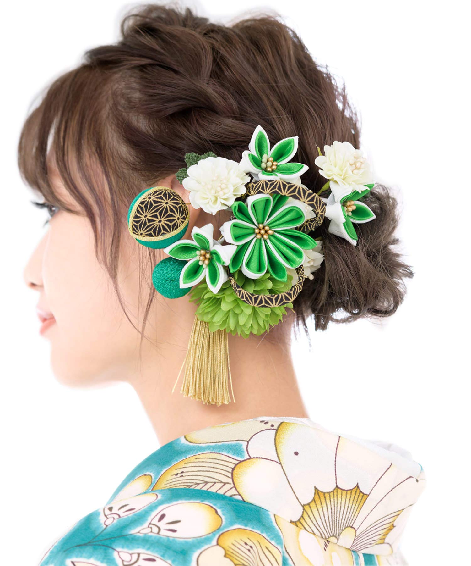 

[SOUBIEN] Hair Ornament Set (2 pieces) for Coming-of-Age Ceremony and Graduation Ceremony - Green Tones, Chrysanthemum and Hemp Leaf Pattern,