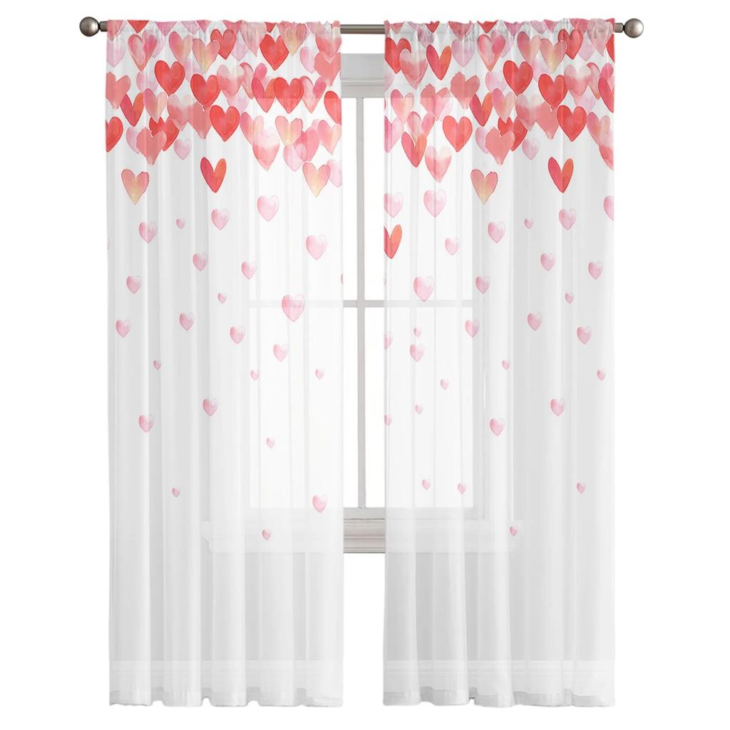 Valentine'S Day Love Watercolor Simple Sheer Curtains Living Room Bedroom Voile Window Curtain Balcony Kitchen Tulle Drapes