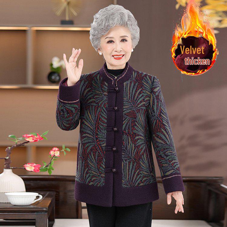 Women's Plus Velvet Woolen Coat for 60s-70s, Mid-aged and Elderly Autumn/Winter Fashion Overcoat