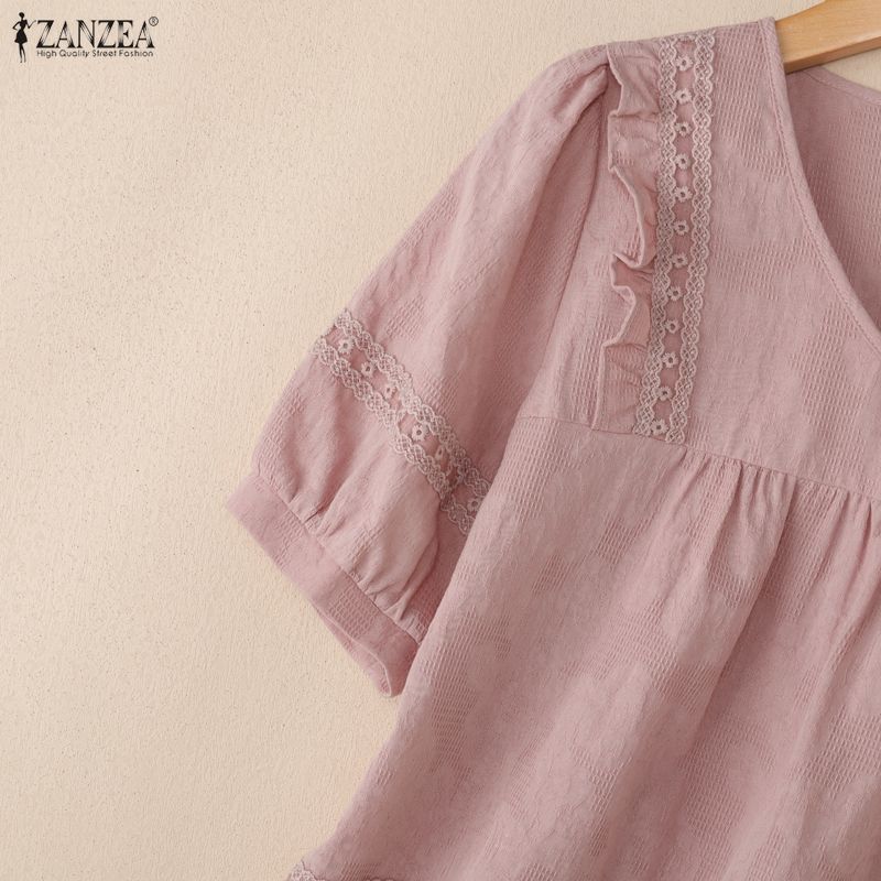 ZANZEA Women Casual V-Neck Loose Half Sleeve Cotton Blouse