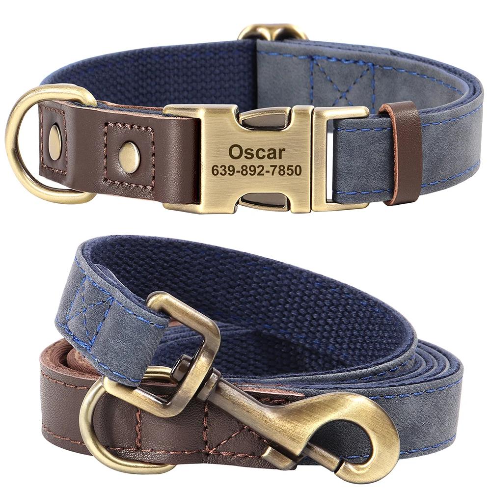 Personalized Leather Dog Collar and Leash Set Custom Engraved Nameplate ID Tag for Small Medium Large Dogs