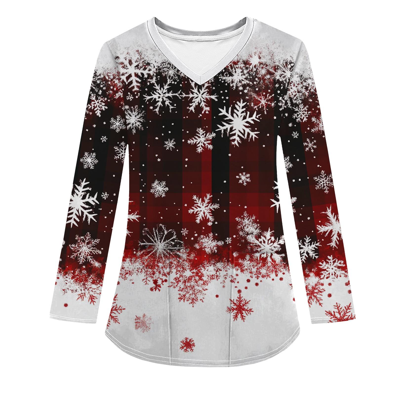 

Женская модная рабочая одежда с V-образным вырезом, длинным рукавом и карманом, рождественский принт, футболка, топ XXL киноварь