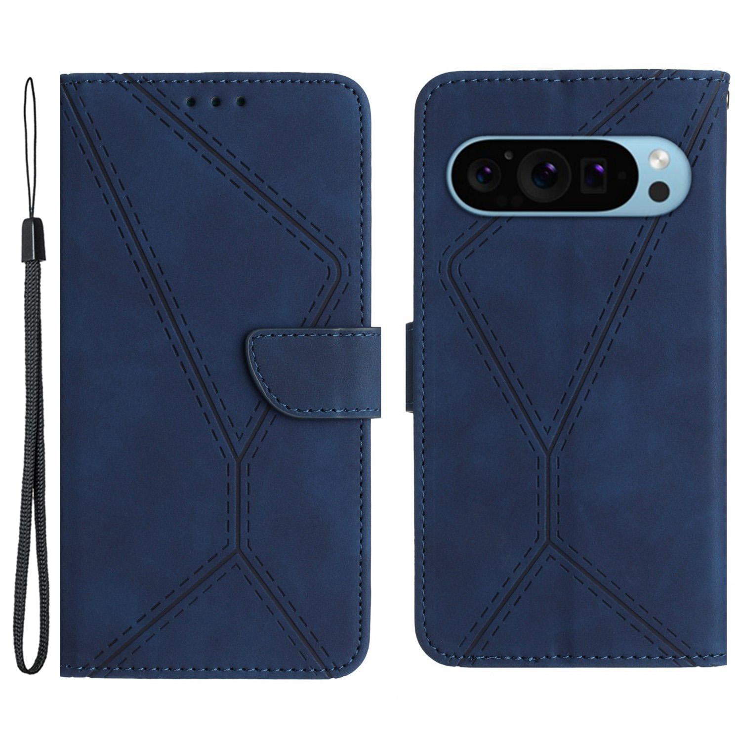 HT05 For Google Pixel 9/Pixel 9 Pro Case PU Leather Wallet Phone Cover Lines Imprinted B