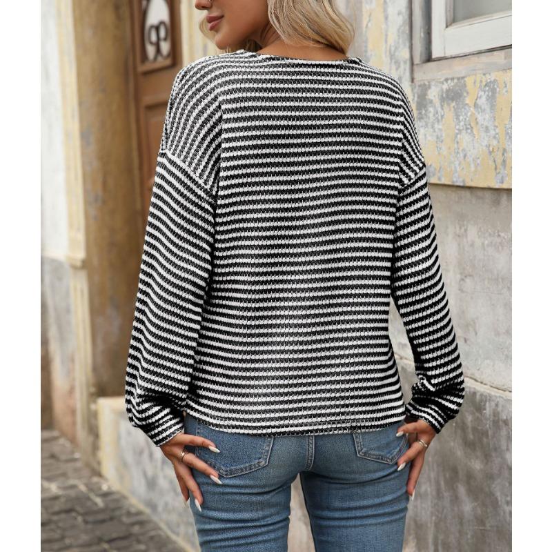 Women V Neck Button Patchwork Color Block Casual Long Sleeve Pullover T Shirt