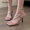 Elegant High Heel Women's Dress Shoes PU Leather Thin Buckle Strap Square Toe Sandals Spring Summer Comfortable Sandalias Mujer