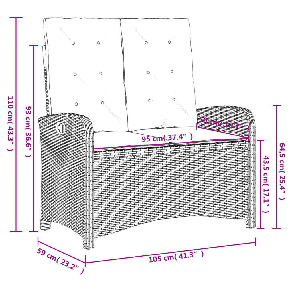 Adjustable Garden Bench with Cushions Grey Poly Rattan