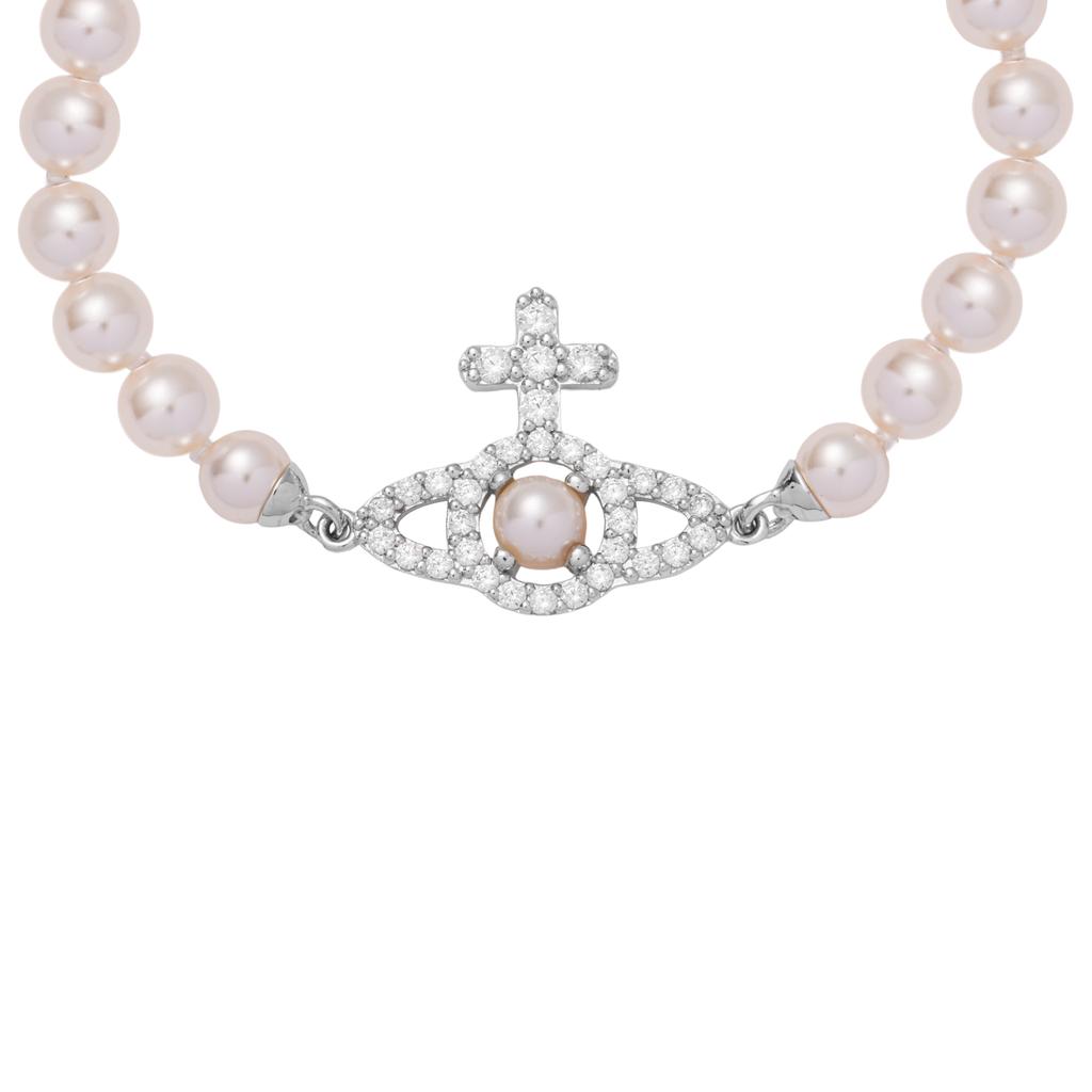 Vivienne Westwood Olympia Pearl Bracelet Cross Crystal Saturn Pattern Plated Gold Pearl Bracelet Women bracelet Silver 6103007R02P373