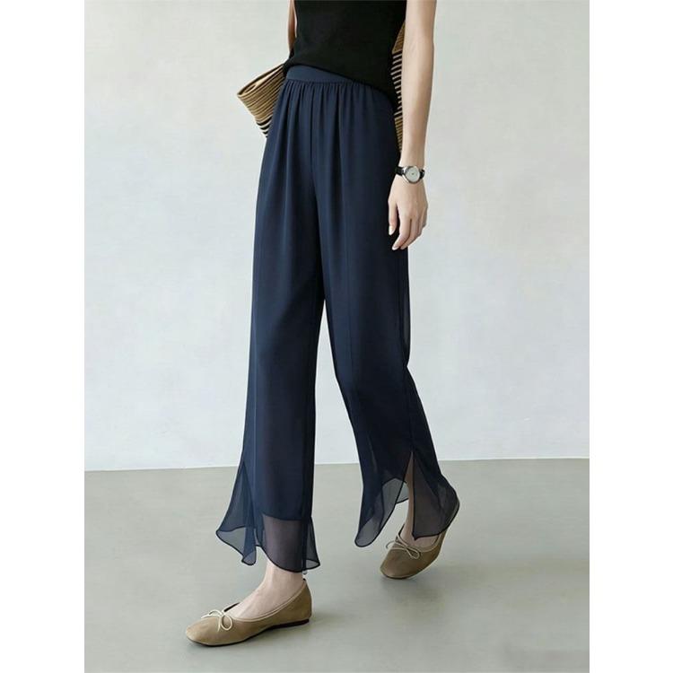 Women Elastic Waist Chiffon Flared Cropped Pants Split Ruffle Hem Sheer Wide Leg Capri Trousers Lightweight Summer Office Casual Flow Pants