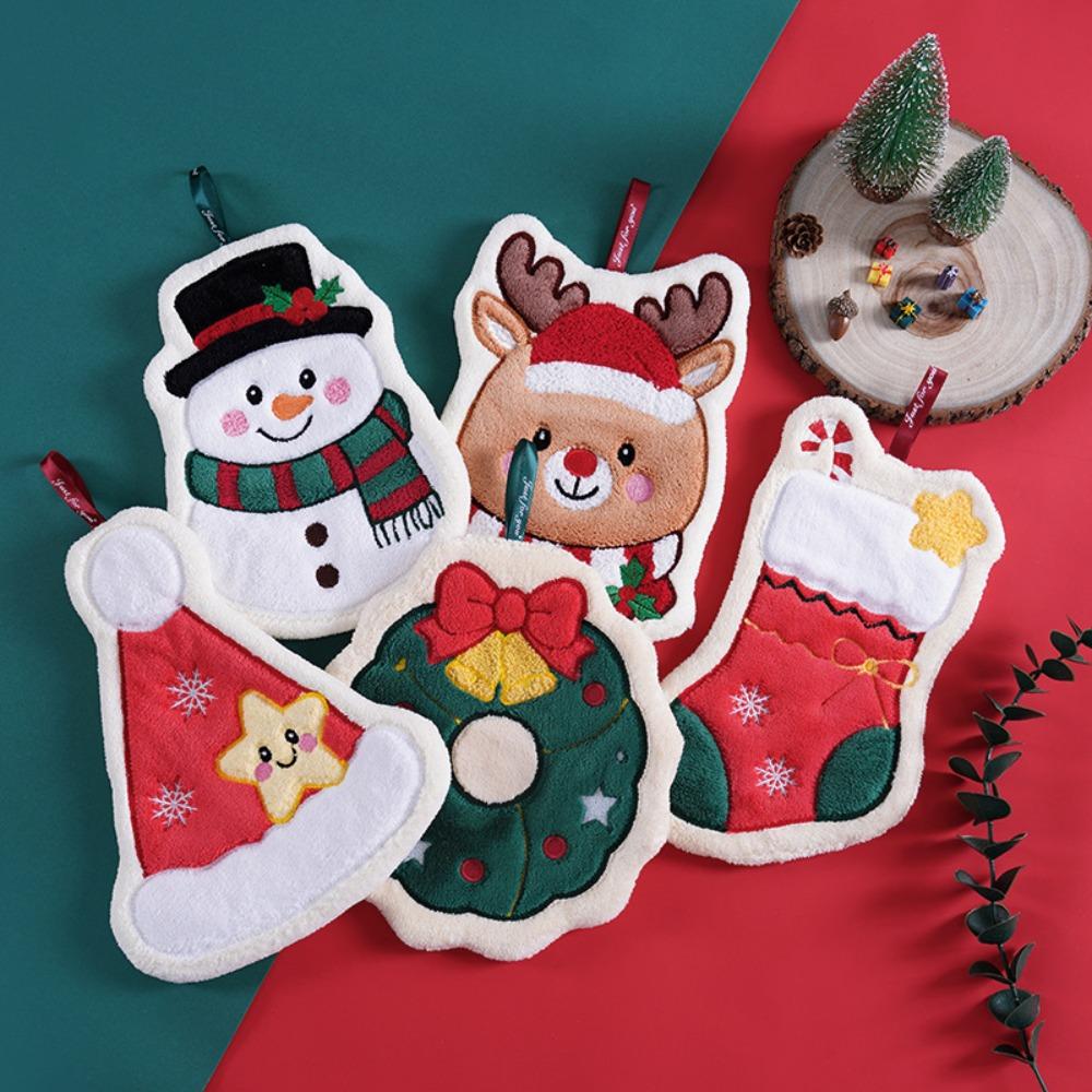 Absorbent Christmas Hand Towel Coral Fleece Kitchen Cleaning Rag Cute Xmas Handkerchief