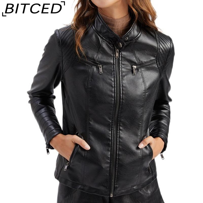 BITCED Women's Leather Jacket Lightweight Spring/Autumn Biker Jacket Short-Length Fashionable Jacket