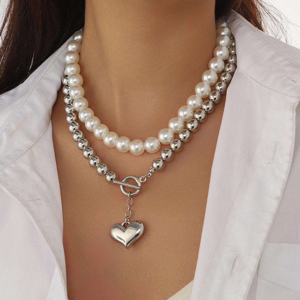 Creative Multi-layer Pearl CCB Sweater Chain Collarbone Chain Temperament Elegant Love-shaped Layer Necklace