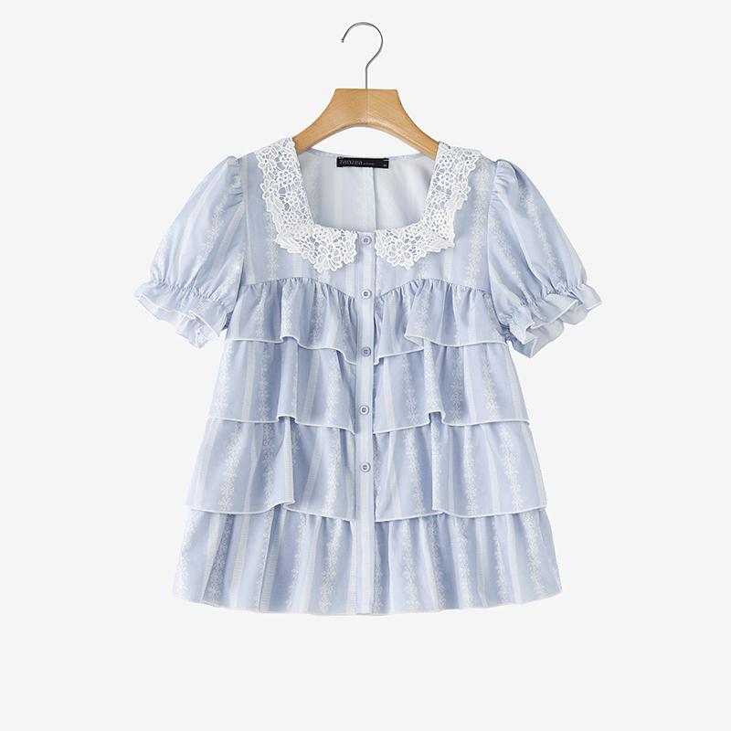 ZANZEA Women Lace Splice Square Collar Casual Short Sleeve Print Blouse M