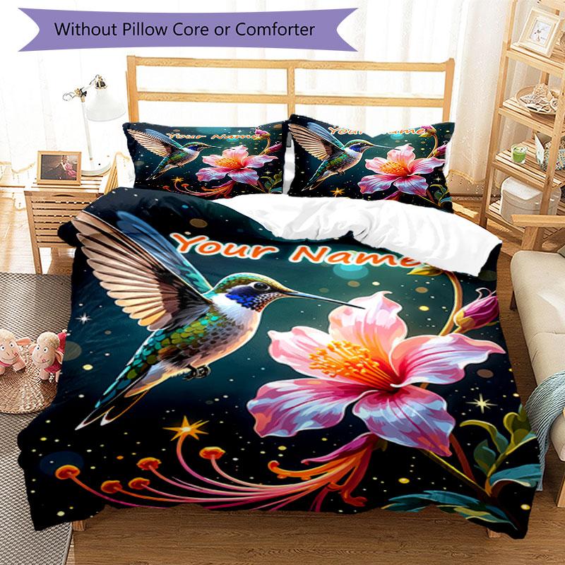 3PC Custom Name Hummingbird Flower Magic Bedding Set Duvet Cover Closure Includes 1 Duvet Cover & 2 Pillowcases for Bedroom