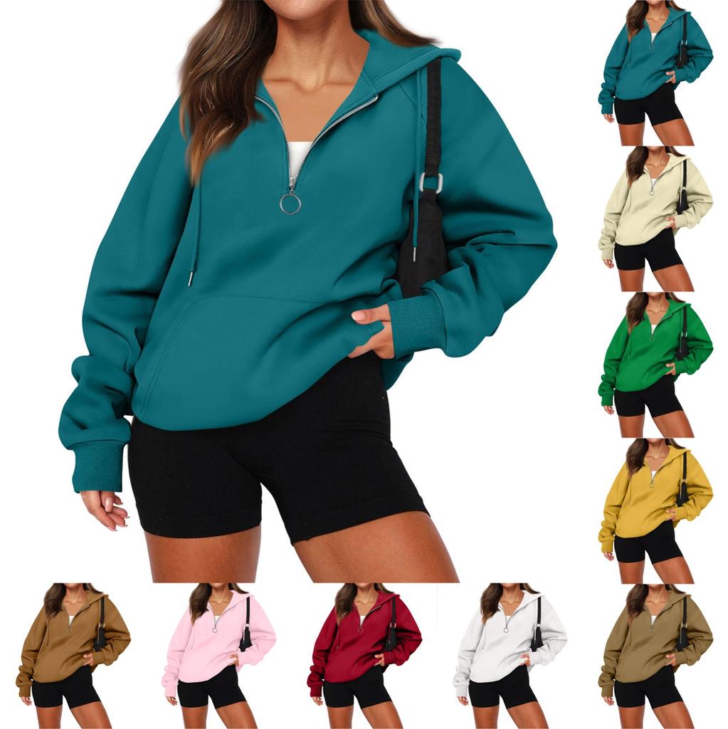 Women's Casual Fashion Long Sleeve Solid Color Zip Hooded Sweatshirt Top With Pocket