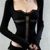 Autumn Winter Retro Black Square Neck Lace Patchwork Long Sleeve Women's Top