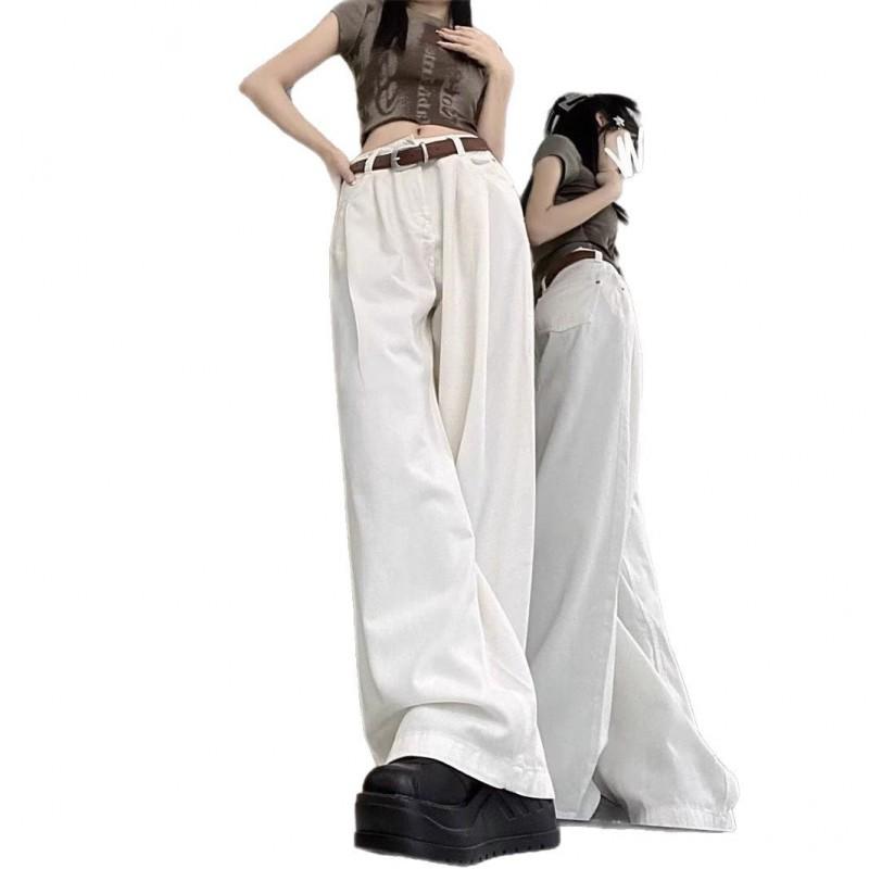 Womens White High-Waisted Wide-Leg Straight Cut Denim Pants Loose Fit Casual Trousers Collection