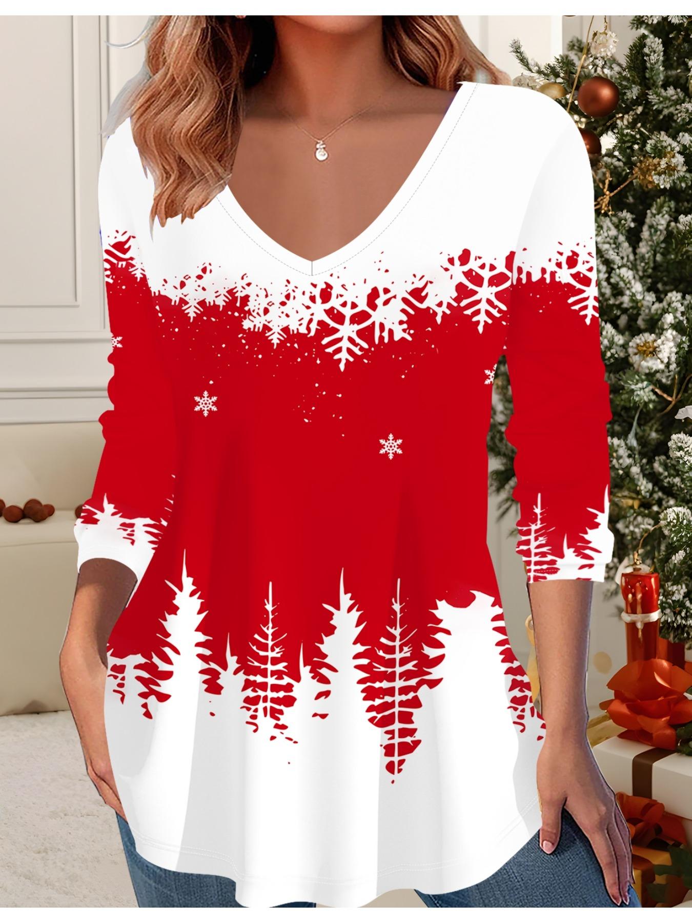 

3D Рождественская Принтованная Модная Повседневная Женская Футболка с V-образным вырезом и длинным рукавом - Одежда для новогодней вечеринки, Праздничный подарок 6XL