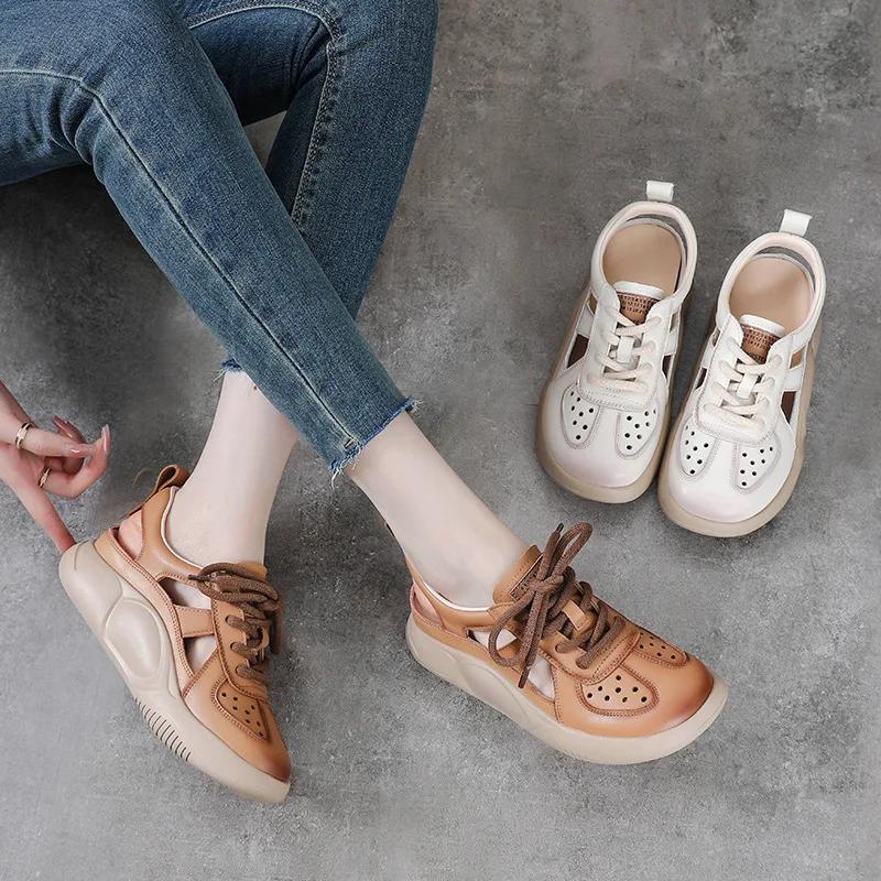 Fashion 3.5CM Platform Sandals Women New Summer Round Toe Shoes Lace-Up Genuine Leather Thick Bottom Lightweight Casual Sneakers Sandals
