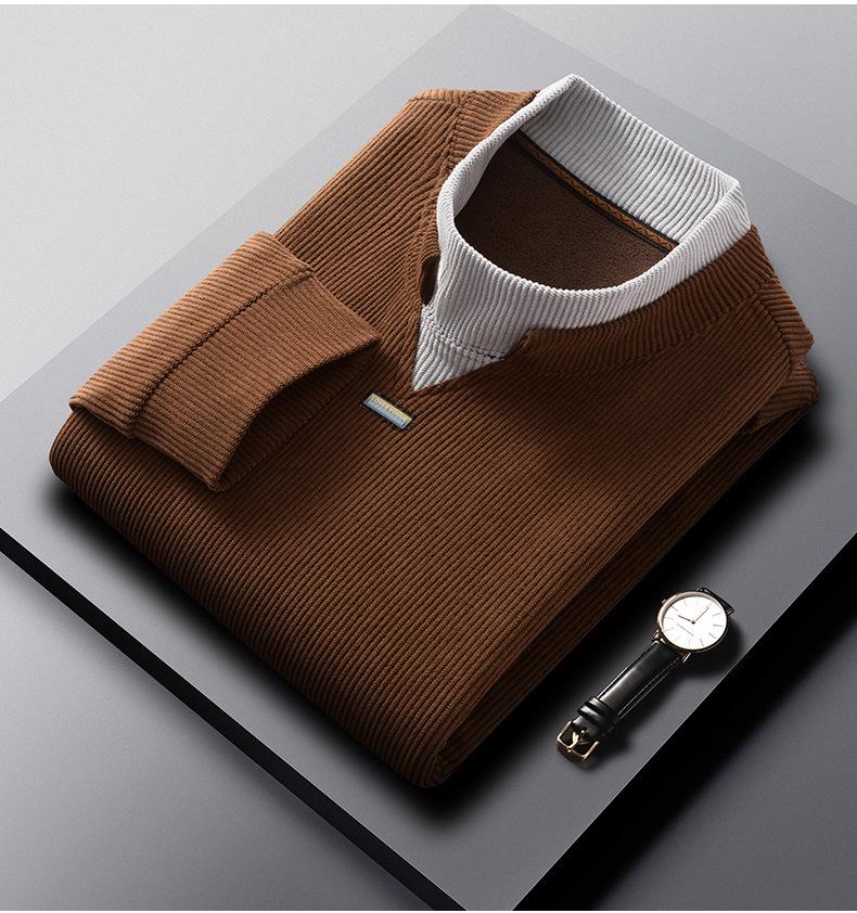 Men's Autumn/Winter Thickened Long-Sleeve Top, Half-High Collar, Plus Velvet Warm Knit Base Layer.