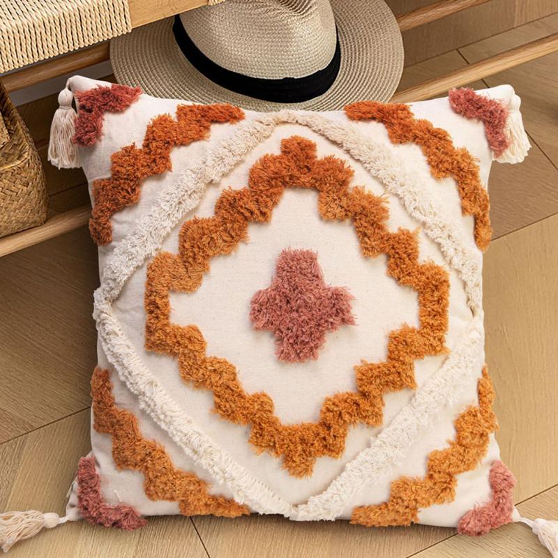 Boho Throw Pillow Cushion Cover Geometric Colorful Woven Tufted Farmhouse Pillowcase With Tassels