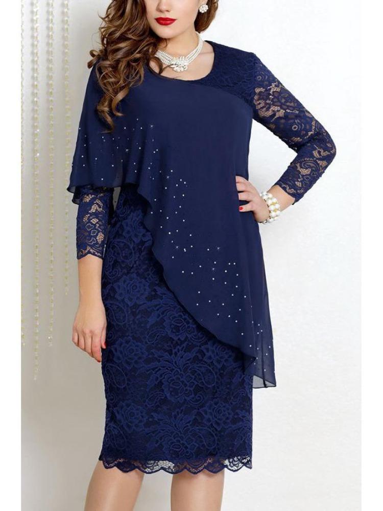 Elegant Solid Color Slim Dress with Lace Trim and Three Quarter Sleeves
