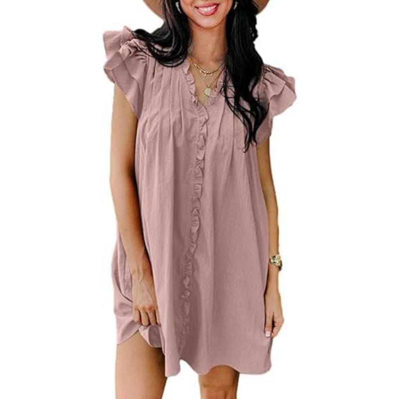 Fashion V-neck Ruffled Short-sleeved Dress Summer Solid Color Loose Shift Dress