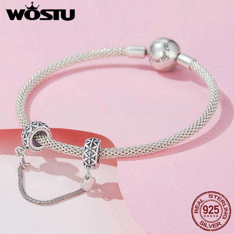 WOSTU 925 Sterling Silver Flower of Life Silicone Safety Chain Fit Original Bracelet DIY Necklace Jewelry Making Gift