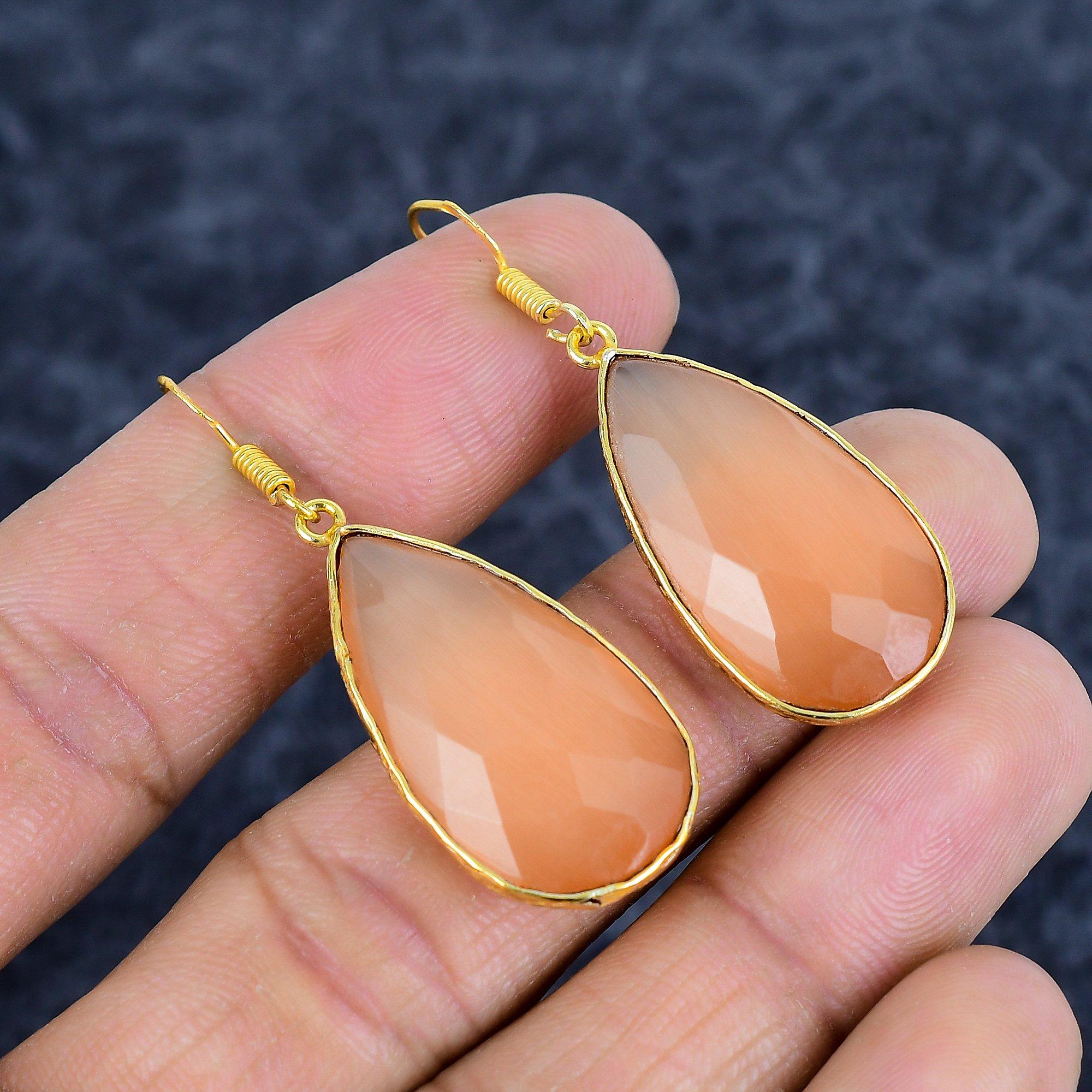 

Peach Chalcedony Gemstone Handmade 925Sterling Silver Jewelry Earring 2.05 M-3138