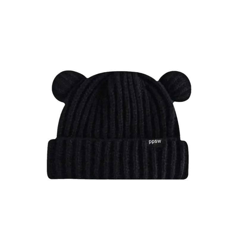 Winter cute bear hat showing face small thick wool hat big head circumference warm ear protection versatile knitted hat