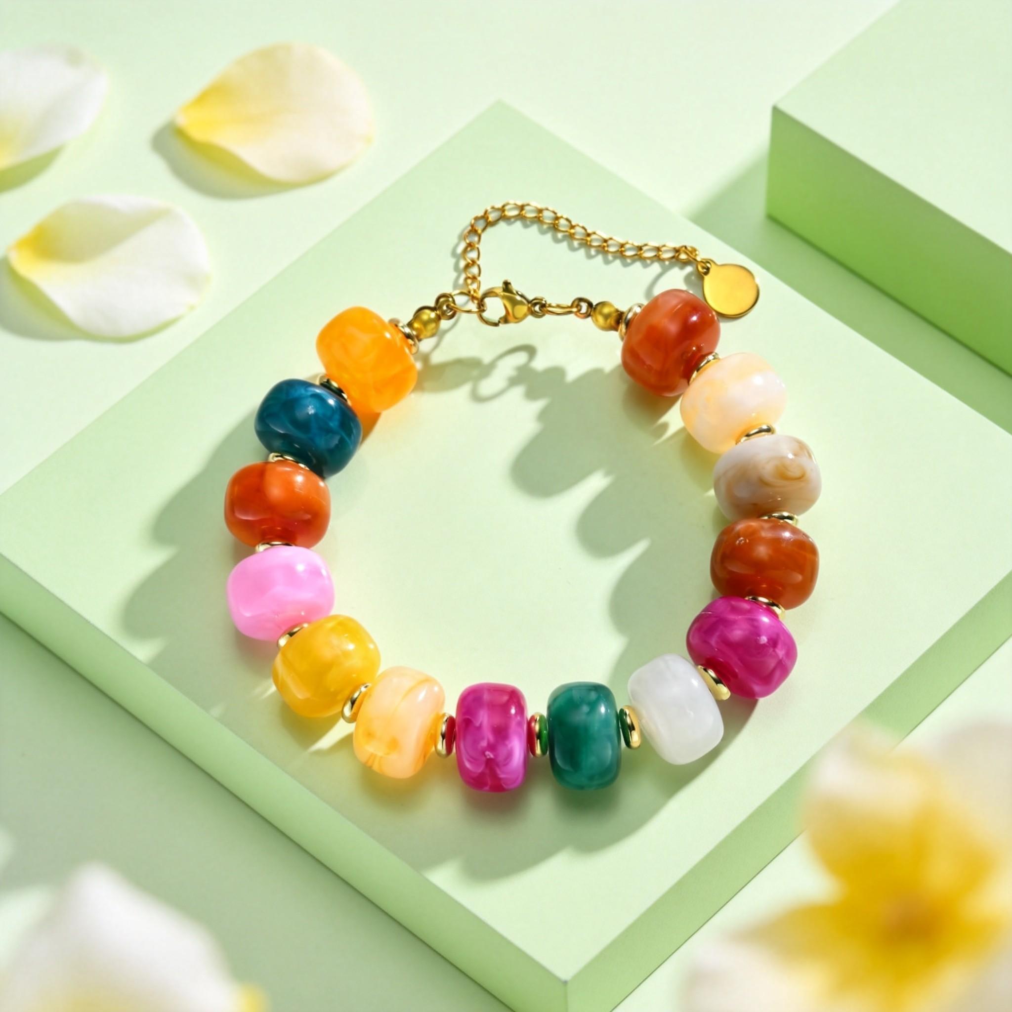 Boho Colorful Geometric Beads Bracelets for Women Exaggerated Resin Round Bead Bracelet Beach Jewelry Gifts