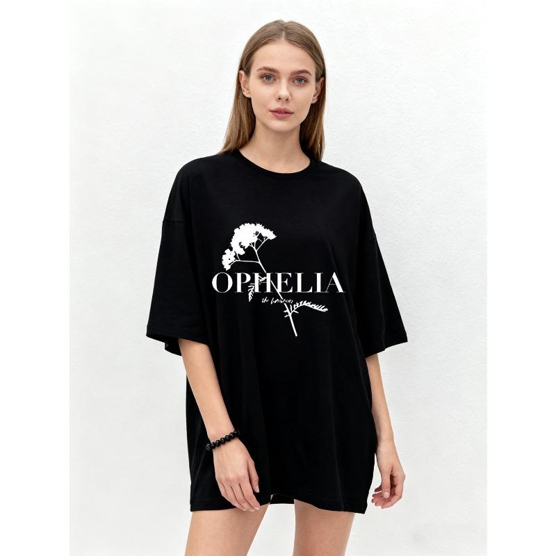 

Oversized T Shirt Black Ophelia Floral Print With Text Graphic Design For Casual Wear XXXXL