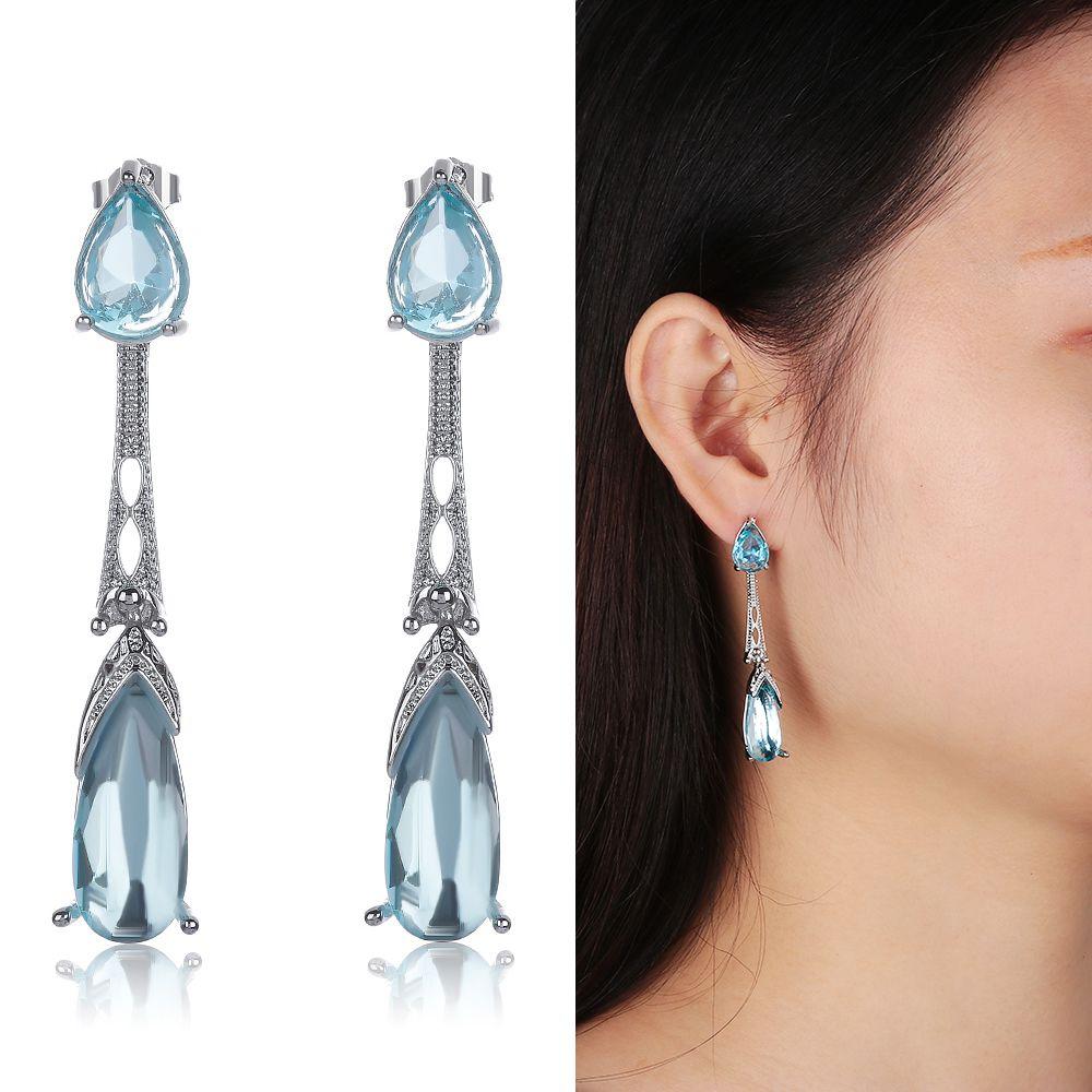 

Women Wedding Jewelry Crystal Dangle Drop Ear studs Aquamarine Earrings Waterdrop