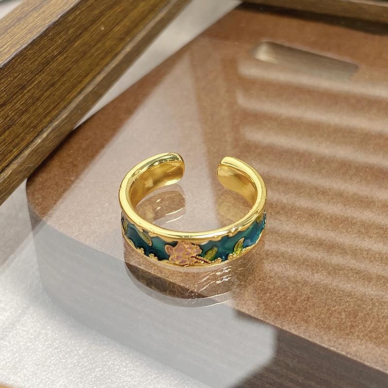 Medieval Vintage Retro Colored Enamel Open Ring Women'S Niche High-End Light Luxury Personality Ring