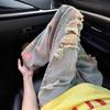 American High Street Flower Ripped Jeans Men's Summer High-end Thin Pants Rose Full Print Straight Trousers