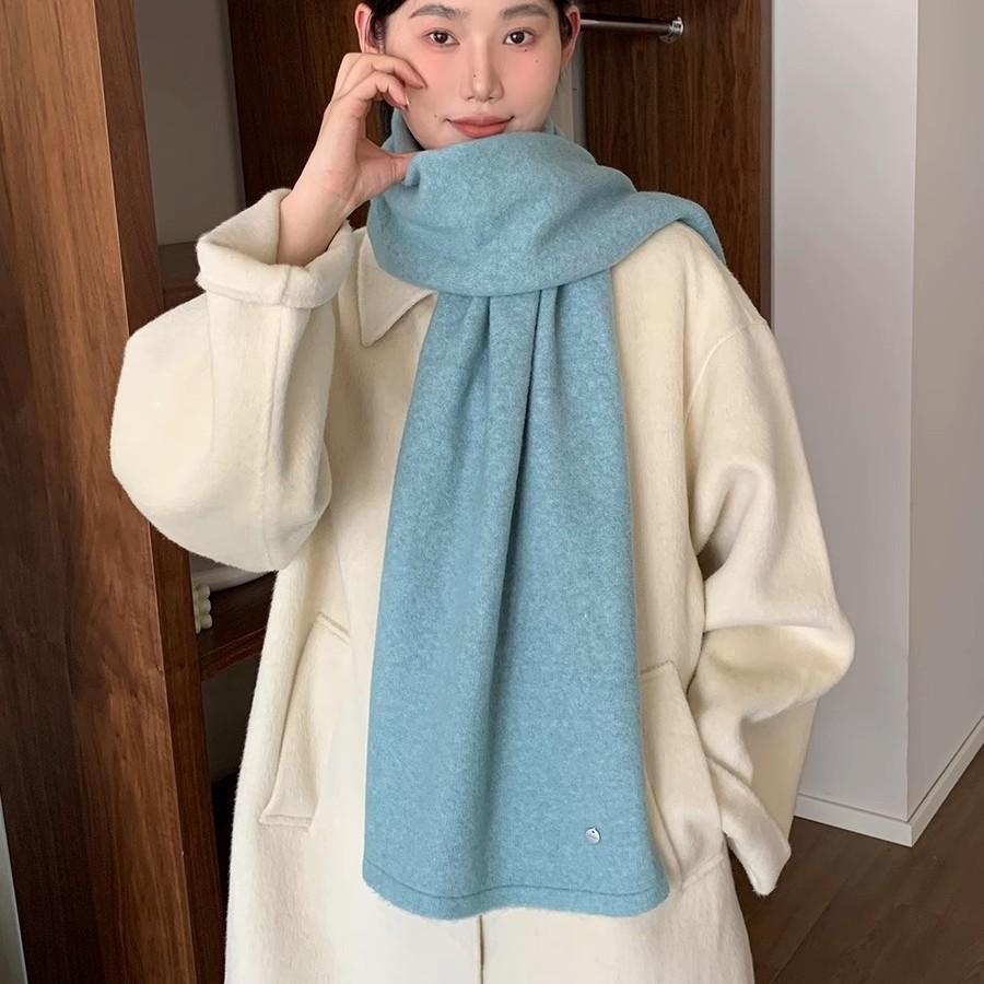 Korean Style Funi Blue Wool Blended Knitted Scarf for Women Winter Warm and Windproof Fashion Versatile Solid Color Scarf