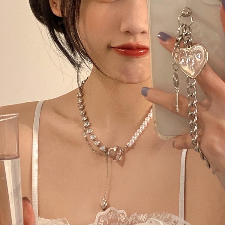 IF ME Korean Pink Heart Necklace Style Chain Fashion Necklace for Women Accessories Jewelry