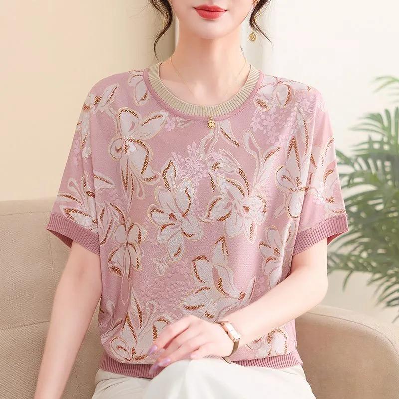 Womens Floral Print Knit Top Short Sleeve Crew Neck Casual Blouse