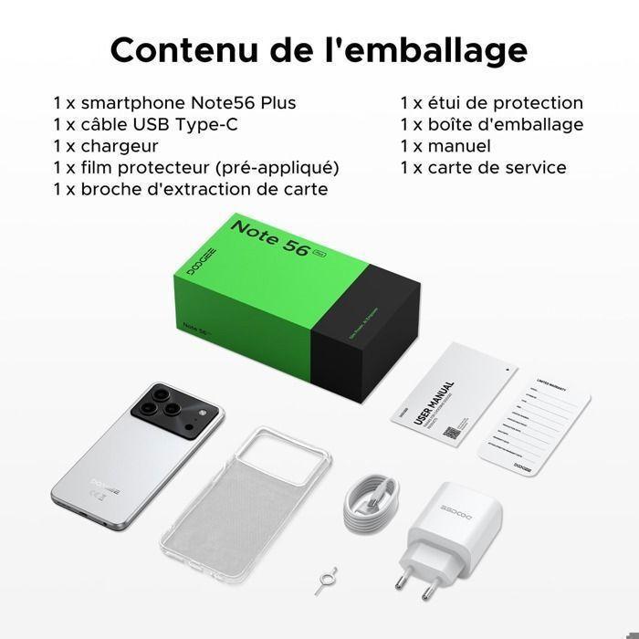 Refurbished - DOOGEE Note56 Plus Smartphone - Android 16 Gemini AI, 48GB+256GB, 6150mAh Batterie Silicium-Carbone, 50MP, 8.45mm - Couleur Primaire
