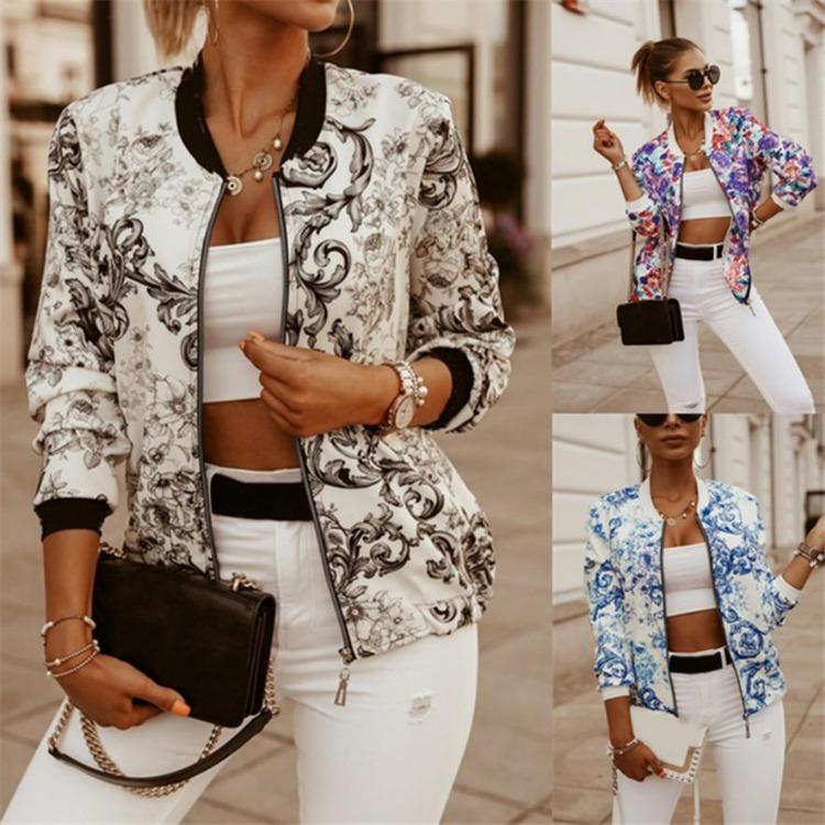 Trendy Floral Print Bomber Jacket Women Casual Short Zipper Slim Fit Streetwear