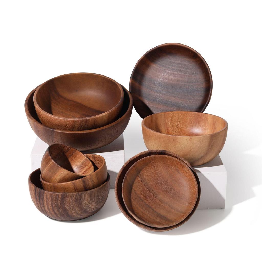 YFJY Acacia Wood Bowl Set - Japanese Style, Moisture-Proof Wooden Bowls and Plates for the Home.
