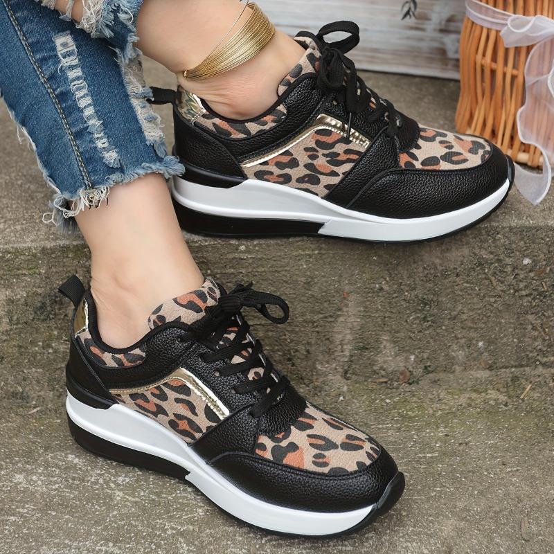 Damenmode-Sneaker mit Leopardenmuster - Lässige Schnür-Plateauschuhe mit EVA-Sohle, Innenseite aus Stoff, Ganzjahres-Low-Top-Design