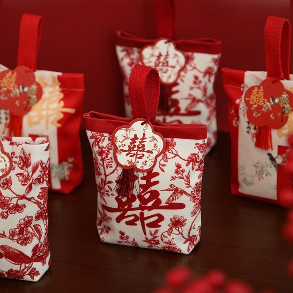 Flower Festive Sugar Bag Cloth Korean Style Wrist Hand Bag Drawstring Bow Jewelry Packing Bag Chinese Wedding Candy Bag