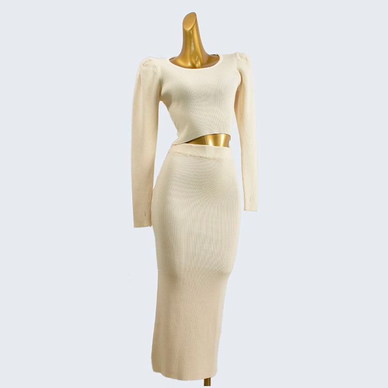 Thick Round Neck Bubble Long Sleeve Short Bottoming Shirt Elastic Waist Mid Length Long Length Solid Color Rib Fabric Back Slit Two-piece Set Pack
