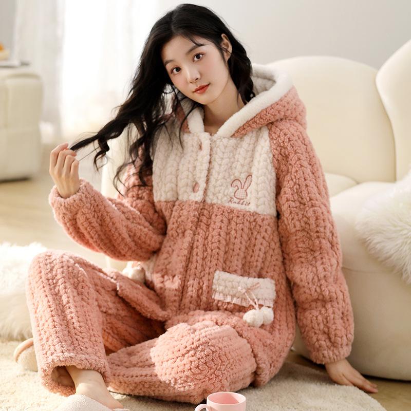 Coral Velvet Quilted Pajamas Women's Winter Three Layer Thick and Fleece Home Wear Women's Winter Flannel Thermal Set